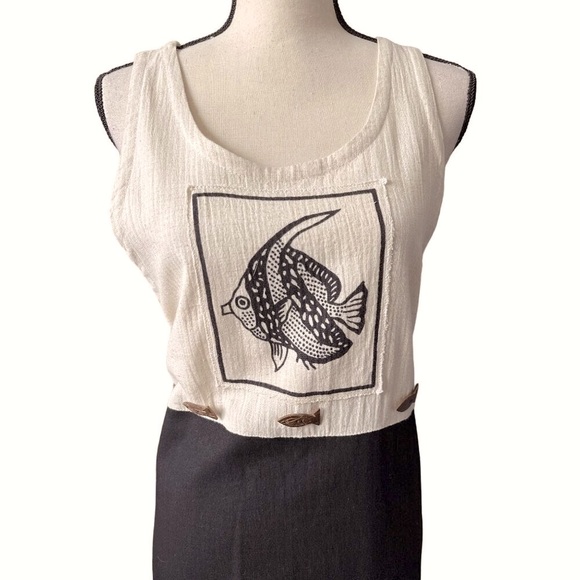 Club Mystique Linen Maxi Dress Khaki Fish Design Blend Cotton Sleeveless Y2K XL - Picture 2 of 9